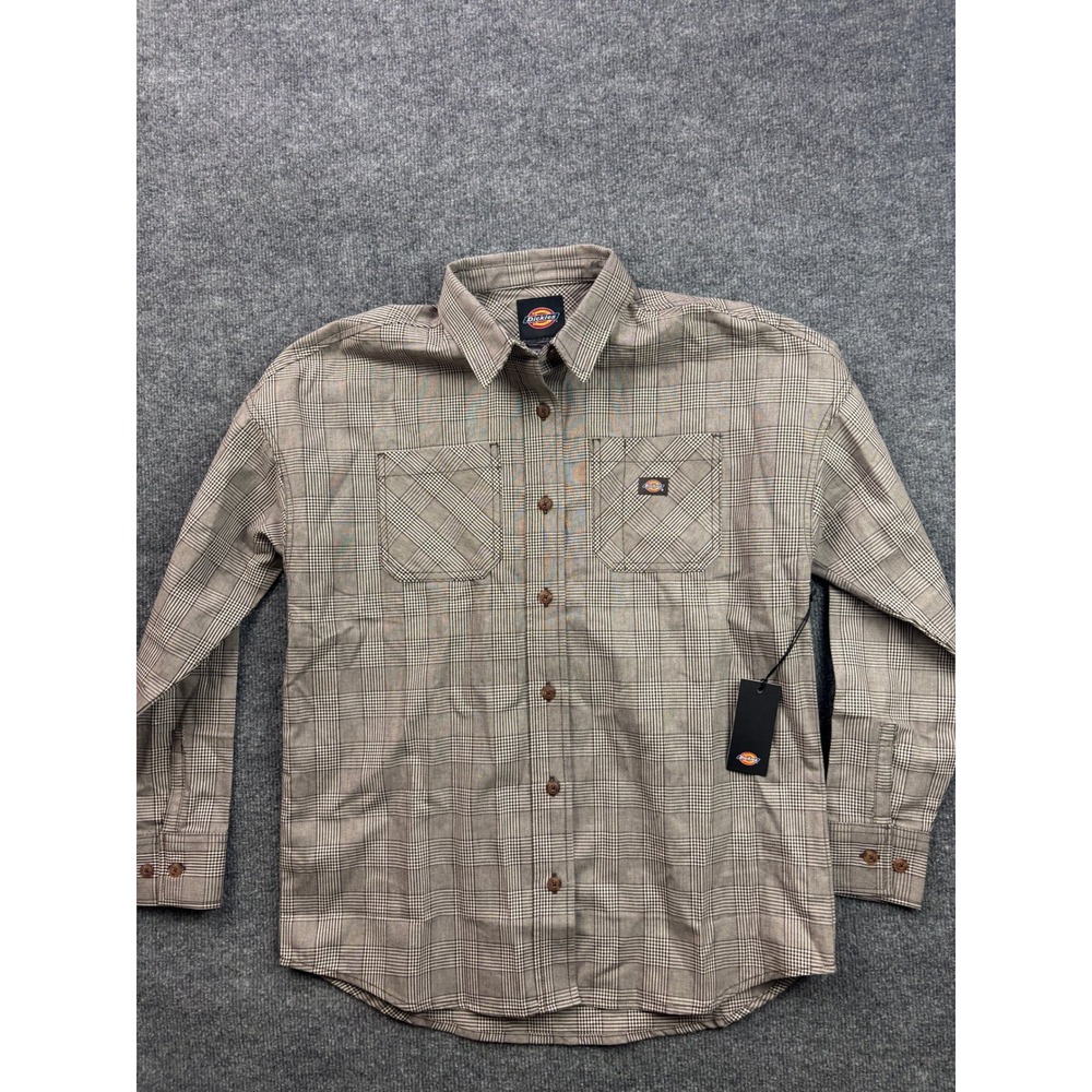 Dickies Plaid Button Down Shirt Womens Small‎ Brown Glen Plaid Long Sleeve NEW
